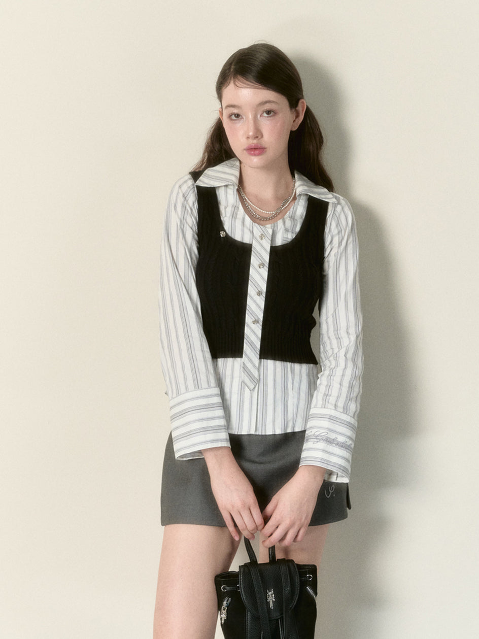 White Checkered Patchwork U-neck Shirt