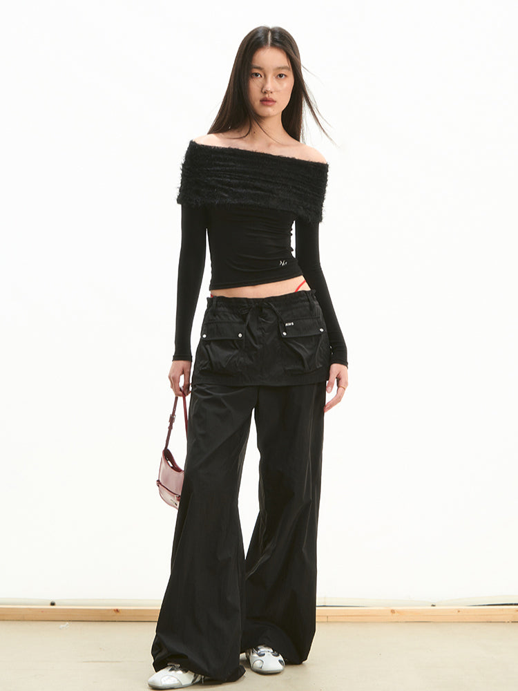 Faux Two-Piece Low-Waist Loose Drawstring Pants