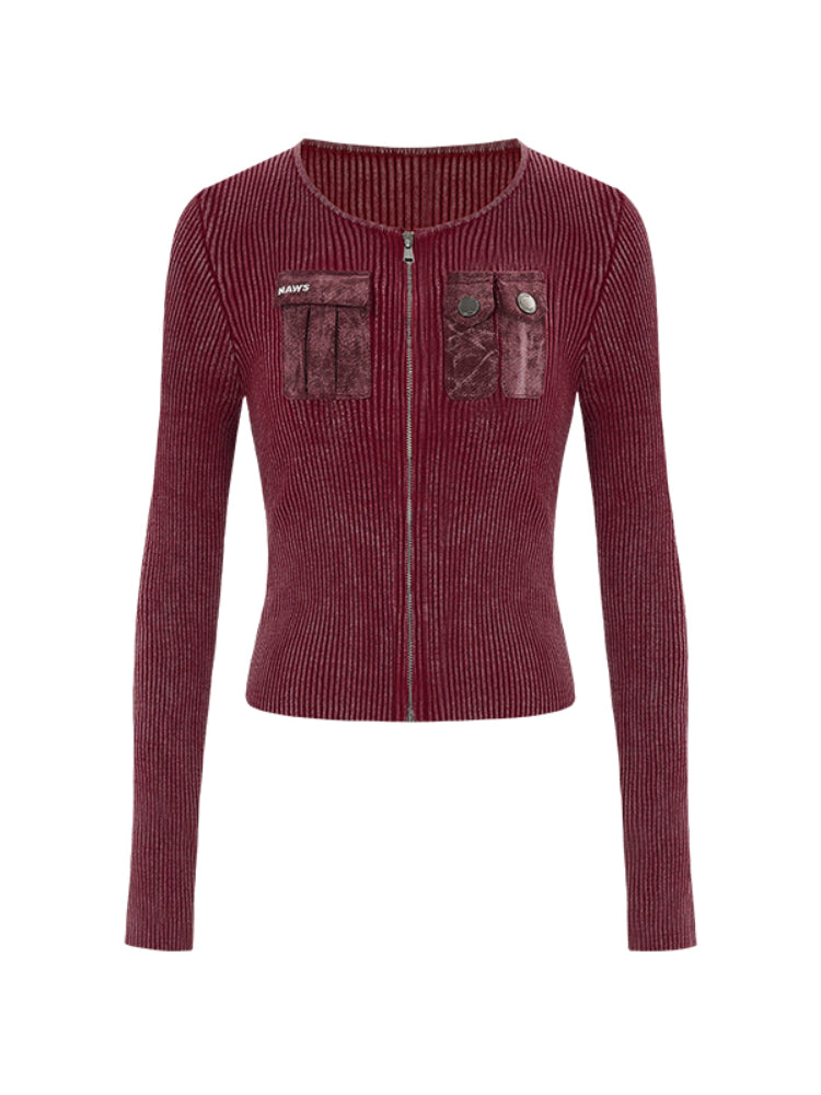 Red &amp; Mocha Washed Zipper Slim Cardigan