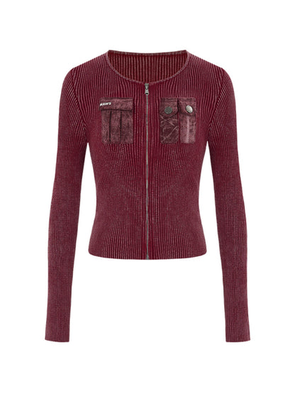 Red &amp; Mocha Washed Zipper Slim Cardigan