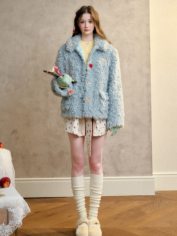 Cream Strawberry Gray-Blue Fur Jacket