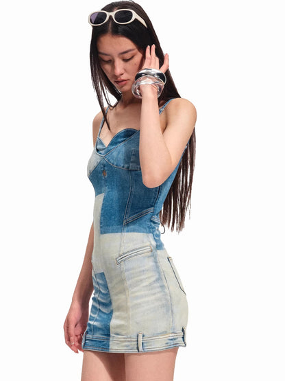 Equestrian Contrast Panel Denim Slip Dress