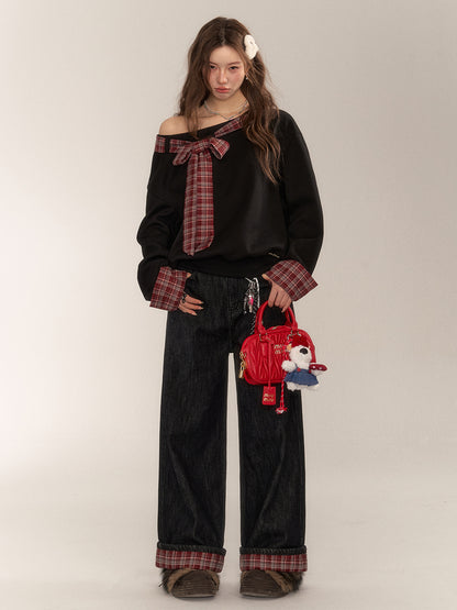 Vintage Plaid-Cuffed Wide-Leg Jeans