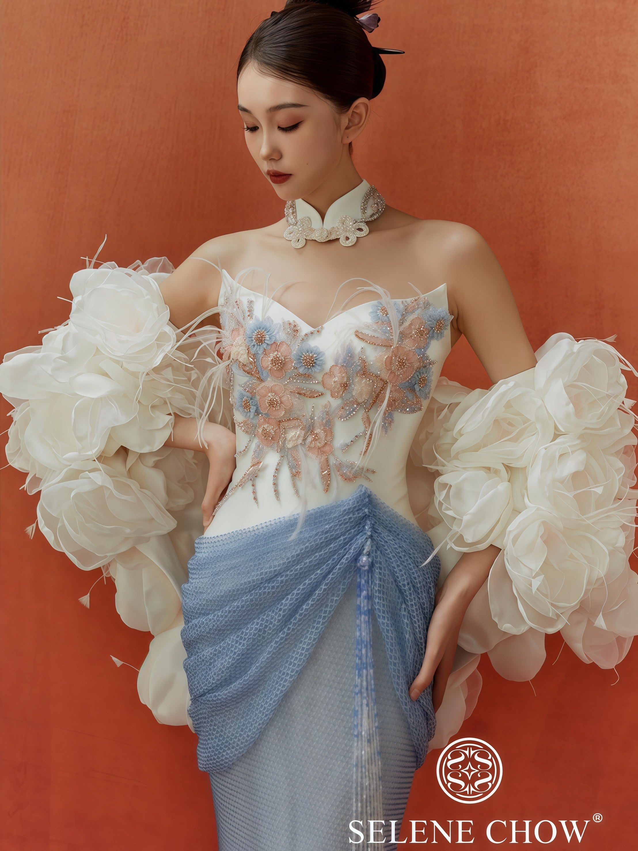 Powder Blue Embroidered Halter Mermaid Gown with 3D Floral Shawl