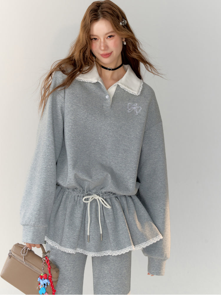 Lace Trim Bow Tie Long Sleeve Polo Sweatshirt