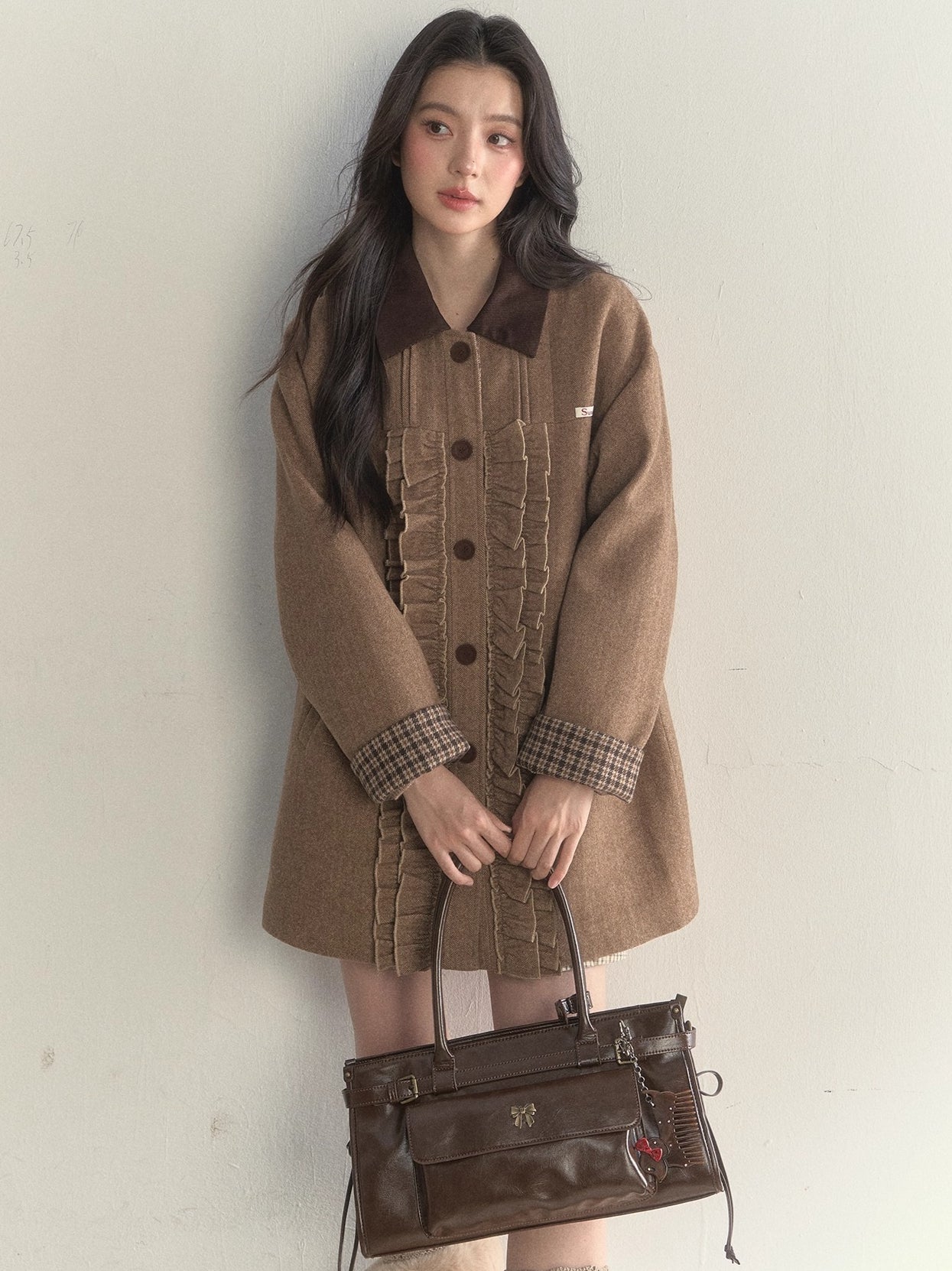 Vintage Khaki Wool Blend Ruffle-Trim Coat