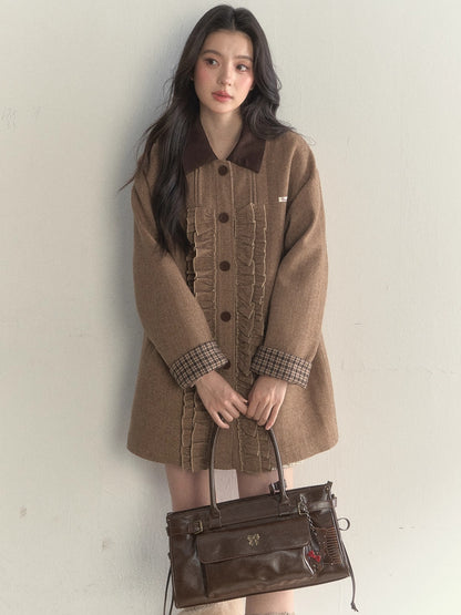 Vintage Khaki Wool Blend Ruffle-Trim Coat