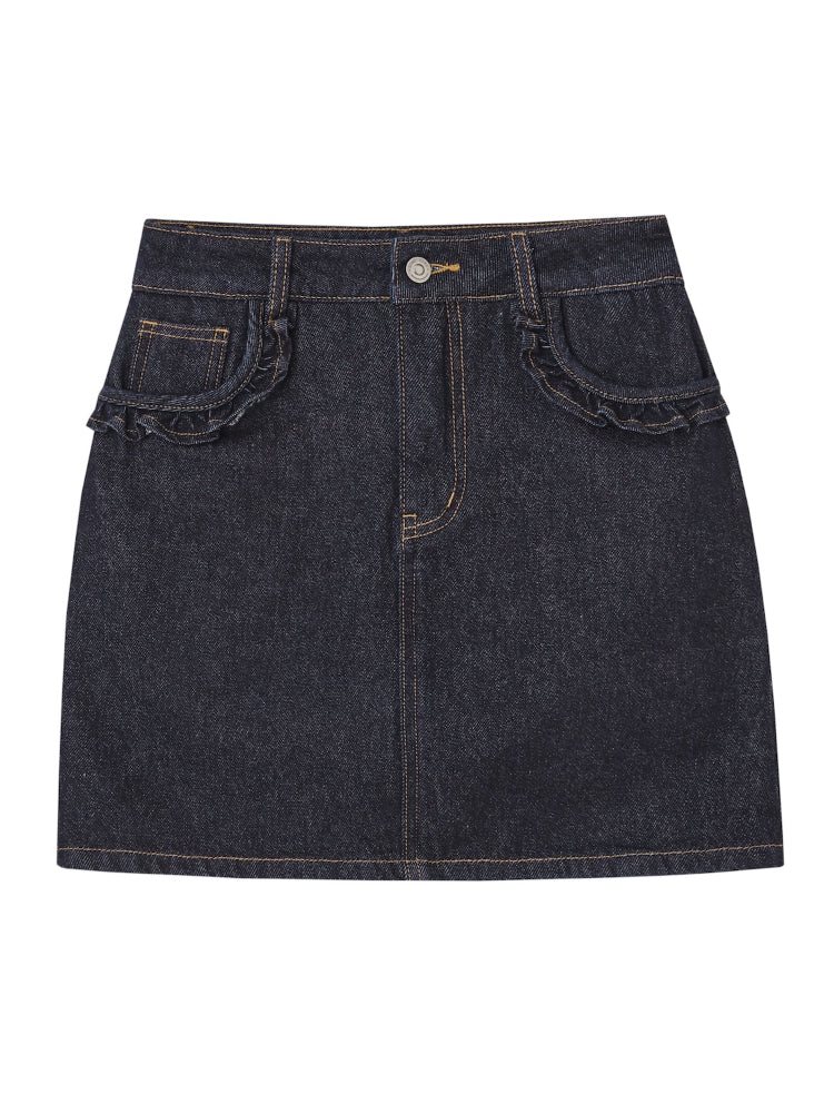 Pleated Ruffle Trim Denim Skirt