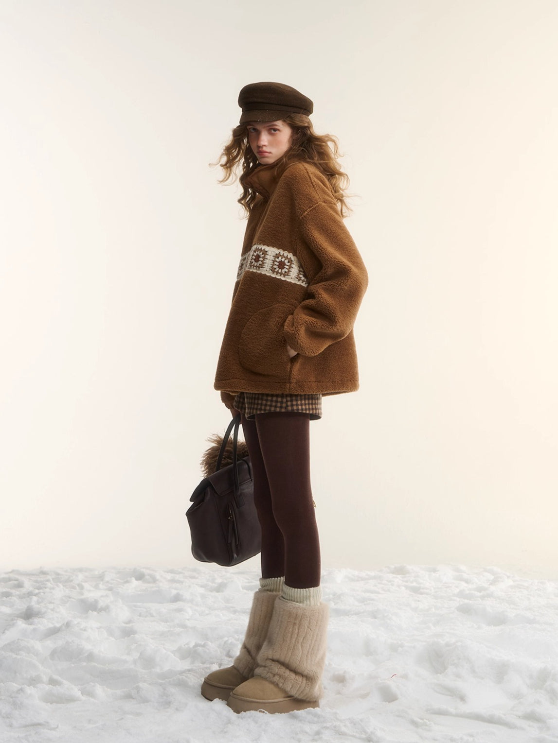 Patchwork Teddy Fleece Zip-Up Sweater