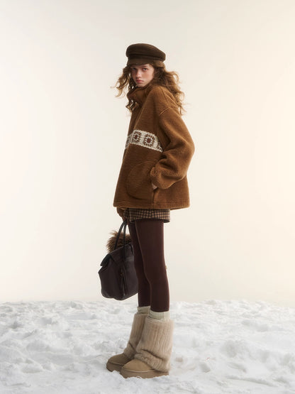 Patchwork Teddy Fleece Zip-Up Sweater