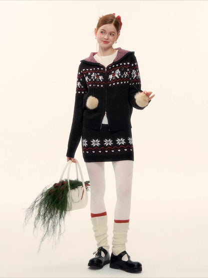 Hooded Knit Cardigan &amp;  Mini Skirt Two-Piece Set