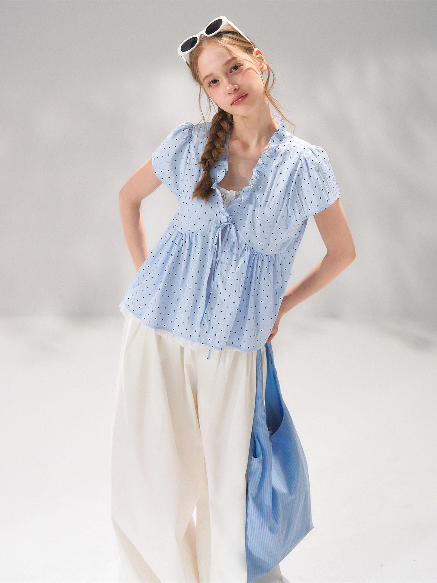 Ruffled Trim Polka Dot Layered Blouse