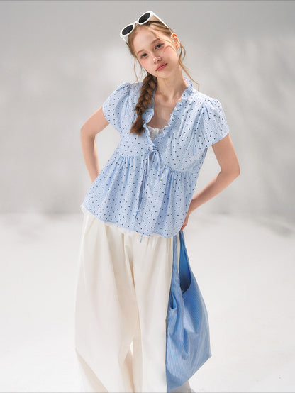 Ruffled Trim Polka Dot Layered Blouse
