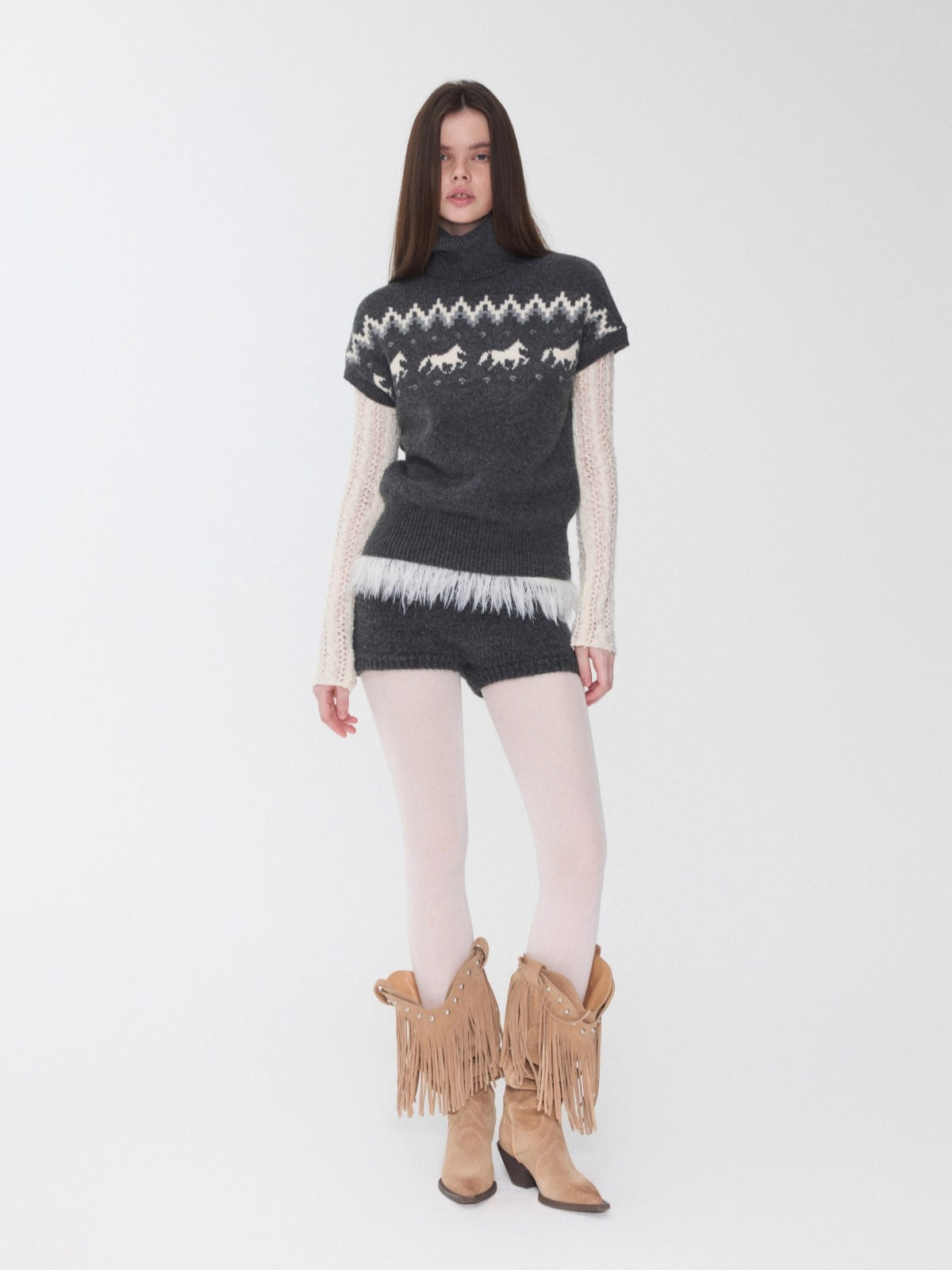 Fair Isle Pony Jacquard Turtleneck Knit Sweater