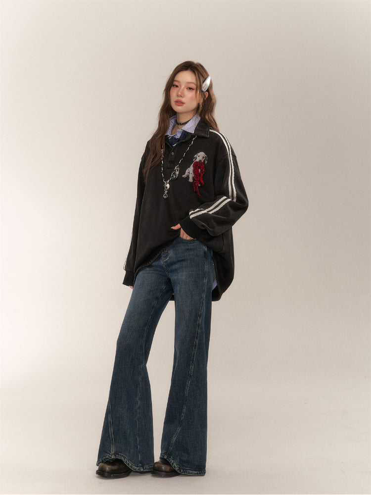 Wavy Hem Bell-bottom Straight-Leg Jeans