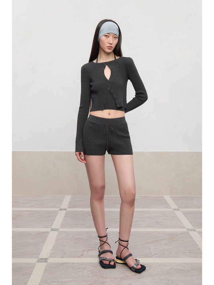 Spun Drawstring Mid-Rise Knit Shorts