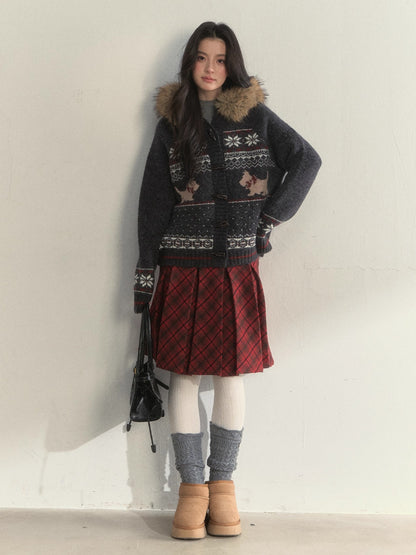 Charcoal Fair Isle Puppy Faux Fur Collar Knit Jacket