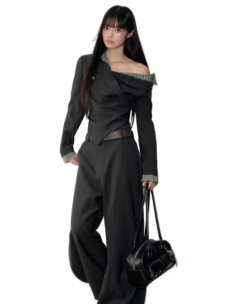 Asymmetric Shoulder Suit Blouse