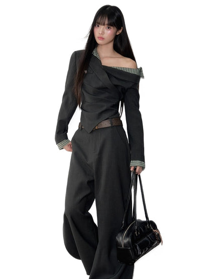 Asymmetric Shoulder Suit Blouse