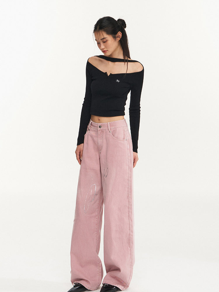 Pink Rhinestone Low-Waist Wide-Leg Jeans