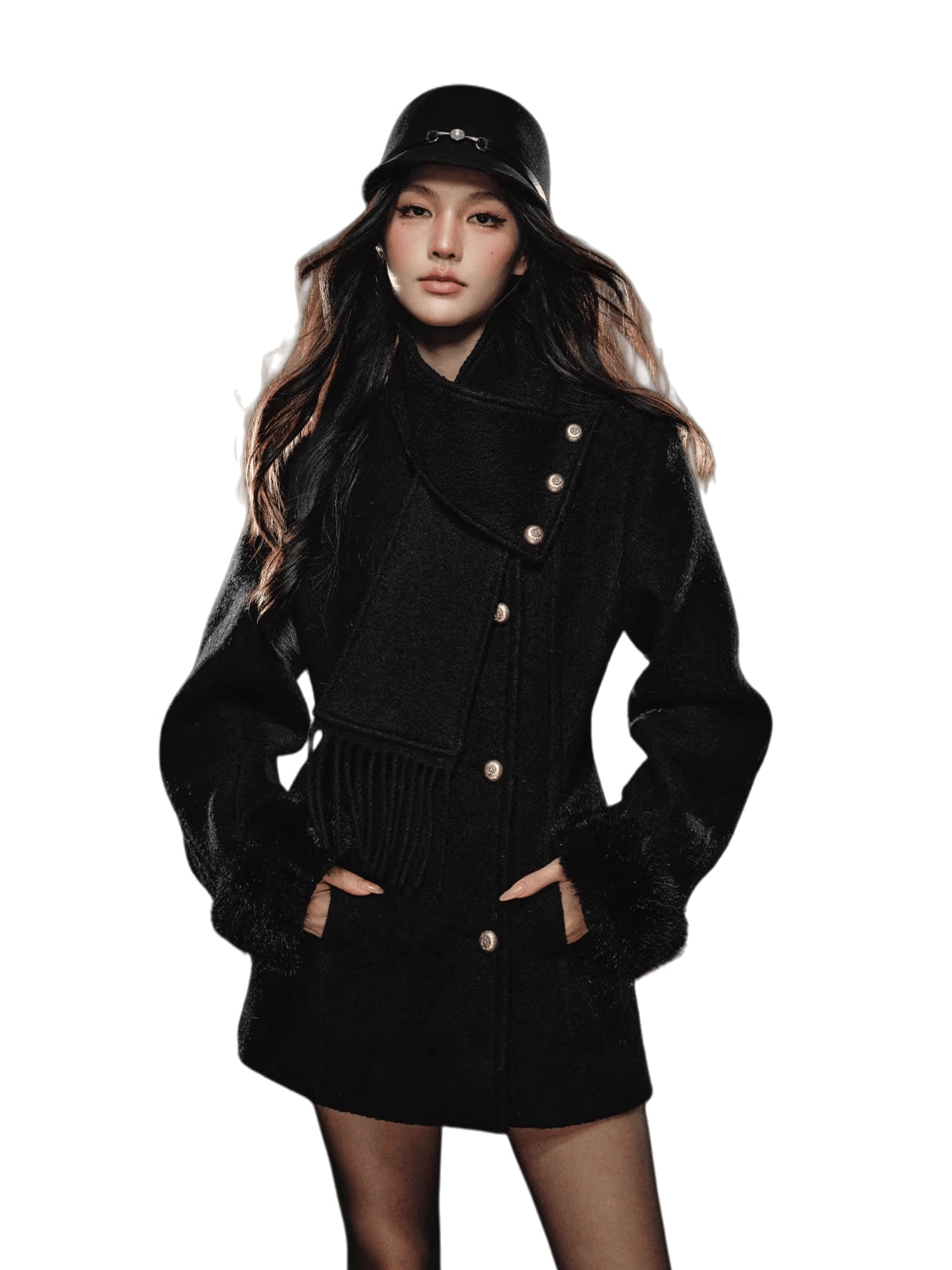Detachable Fringe Scarf Hourglass-Waist Wool Coat