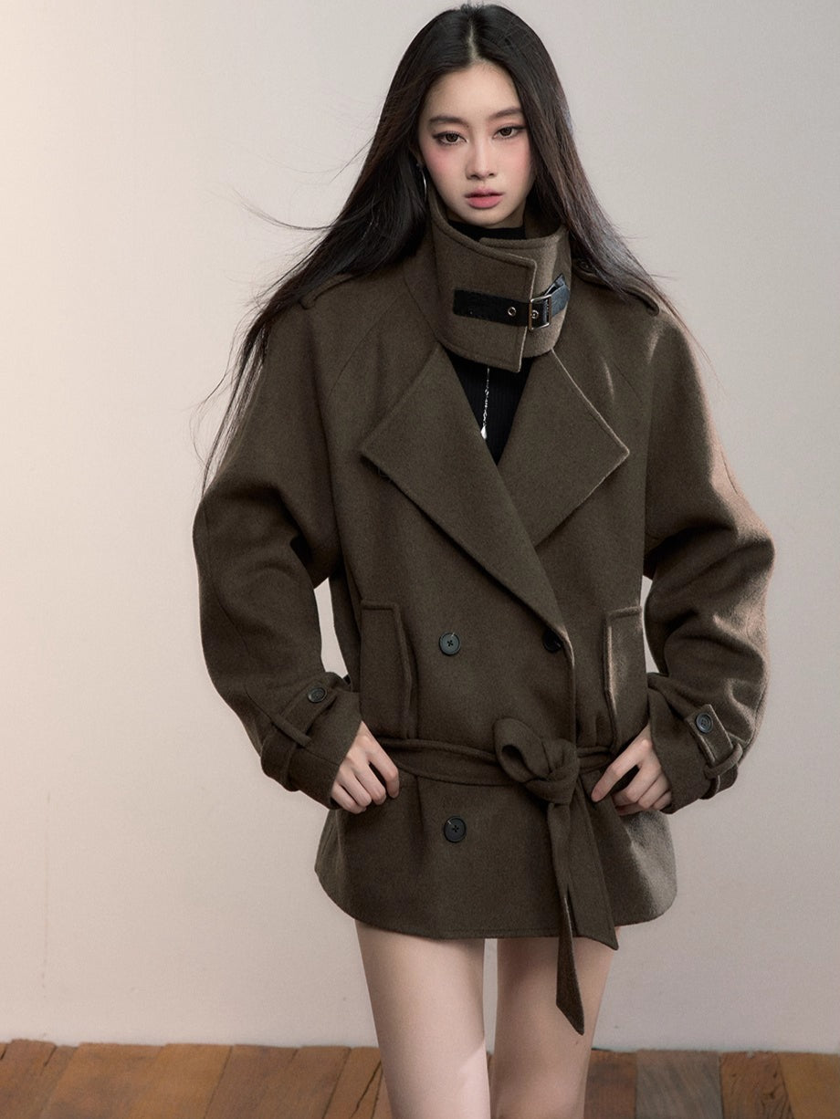 Structured Wool Blend High-Neck Coat