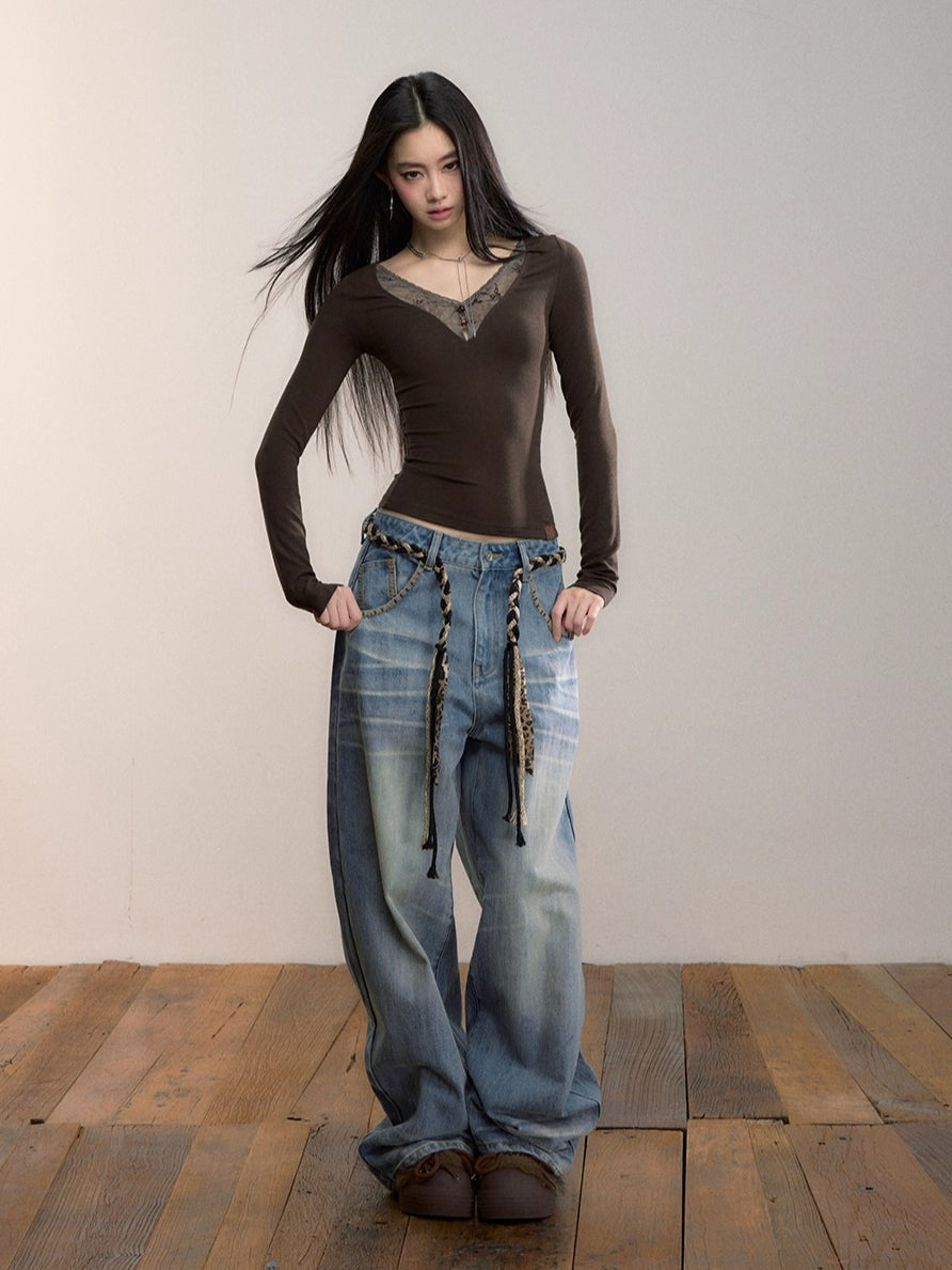 Washed Straight-Leg Denim Pants