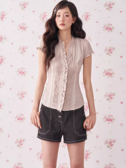 Ruffle Lace Waist-Fit Short Sleeve Blouse