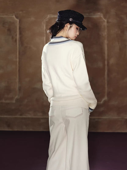 Contrast Double-V Neck Relaxed Knit Sweater