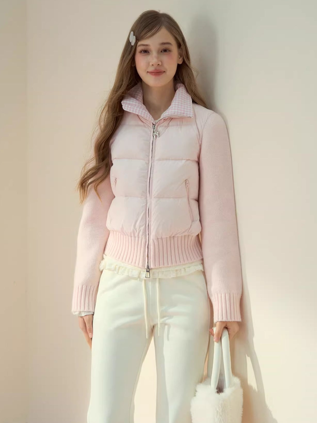 Cream Knit-Panel Down Jacket