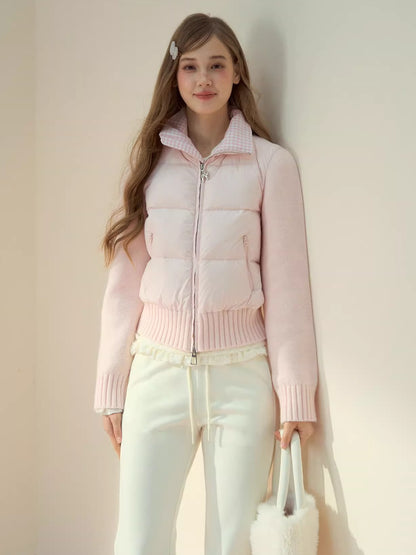 Cream Knit-Panel Down Jacket