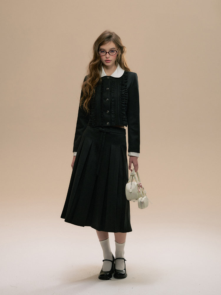 Ruffle Trim Woolen Coat &amp; Pleated Skirt Set