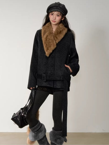Fur-Collar Double-Breasted Wool Jacket