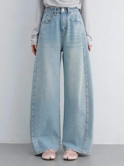 Lyocell Washed Rhinestone Curved-Leg Wide Denim Pants