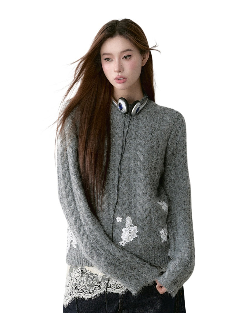 Gray Lace Panel Crewneck Sweater