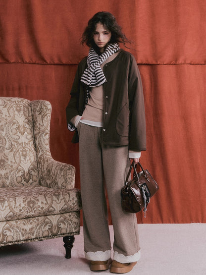 Reversible Striped Faux Scarf Detail Shearling Jacket