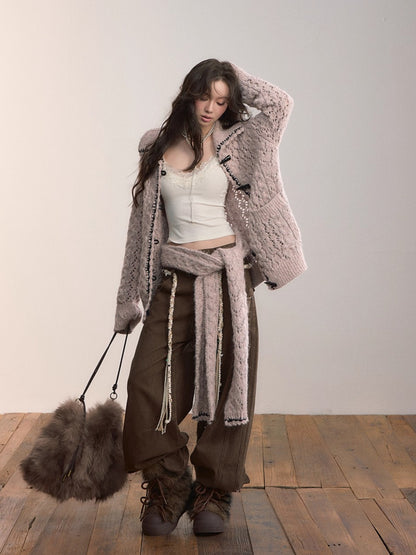 Heavy-Knit Toggle Wool-Blend Cardigan with Matching Scarf