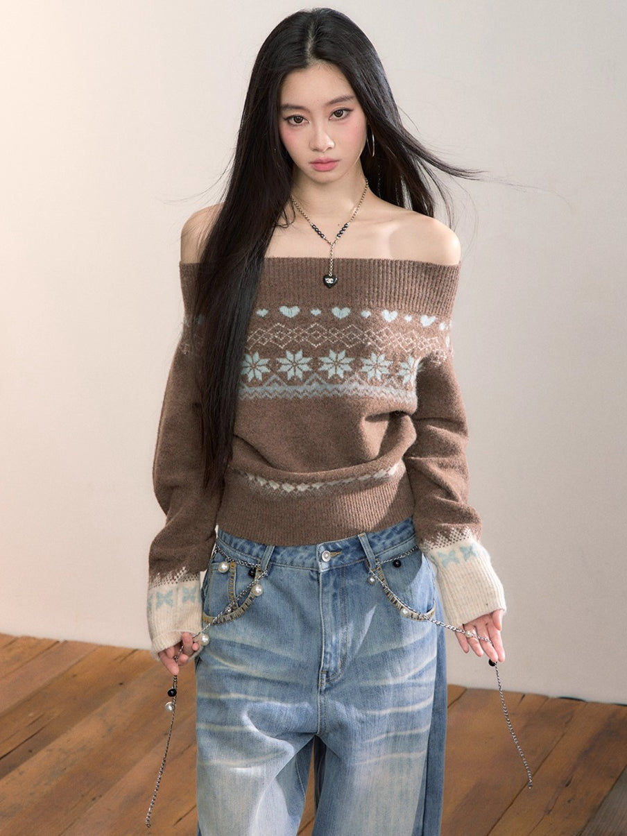 Fair Isle Off-Shoulder Wool Blend Knit Sweater