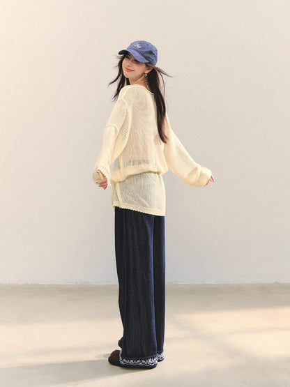 Floral Jacquard Knitted Hollow Crewnecks
