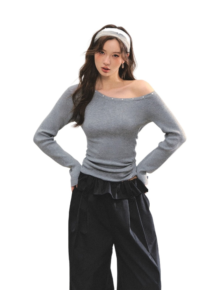 Pearl Decorated Waist-Cinched Knitted Crewneck
