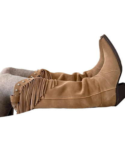 Pointed-Toe Studded Tassel Martin Boots