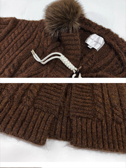 Detachable Fur Collar Cable-Knit Duffle Coat