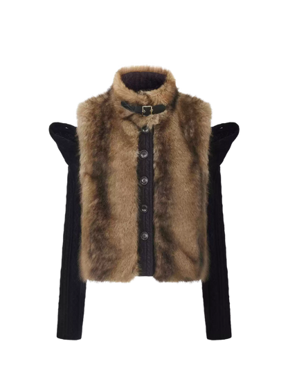 Detachable Sleeve Knit Eco-Fur Jacket