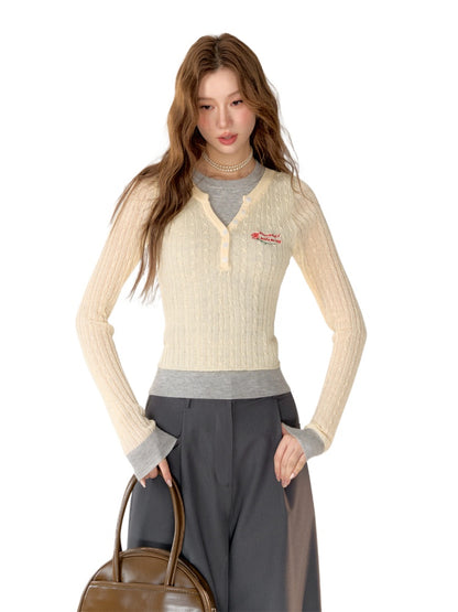 Embroidered Color Block Fake Two-Piece Knitted Sweater