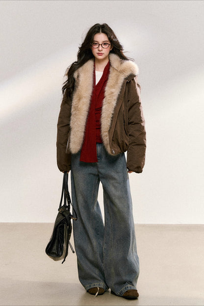 Two-Tone Faux Fur Collar Padded Jacket