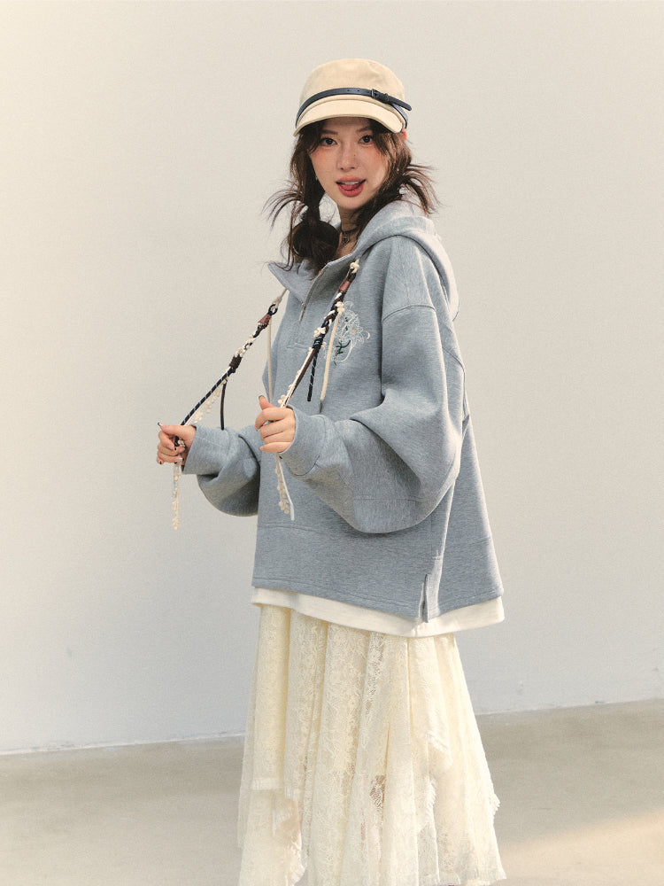 Fake Two-Piece Flower Embroidery Hat Cord Pullover Hoodie - CHINASQUAD