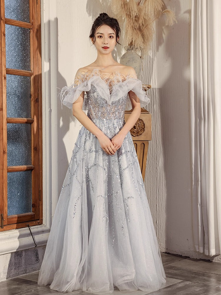 Feathered Scarlet Embellished Off-Shoulder Gown