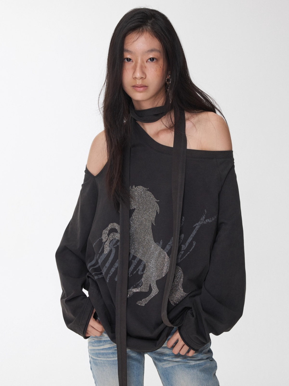 Rhinestone Shoulder-Tie Oversized Sweatshirt
