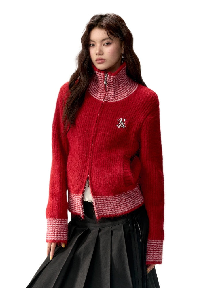 Color-Block High-Neck Knit Cardigan