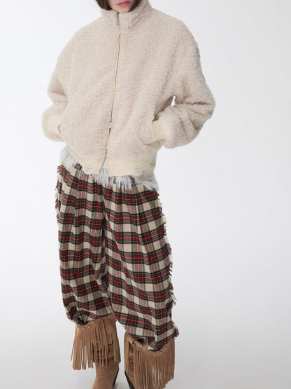 Vintage Red Plaid Brushed Cotton Wide-Leg Pants